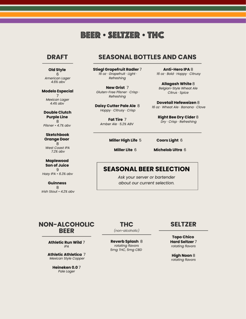 Bar menu at The Spot Evanston - Beer Drafts