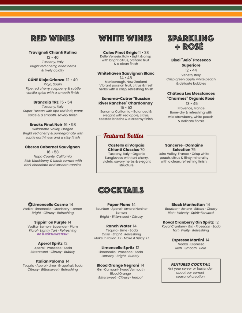 Bar menu at The Spot Evanston - Wine and Cocktails