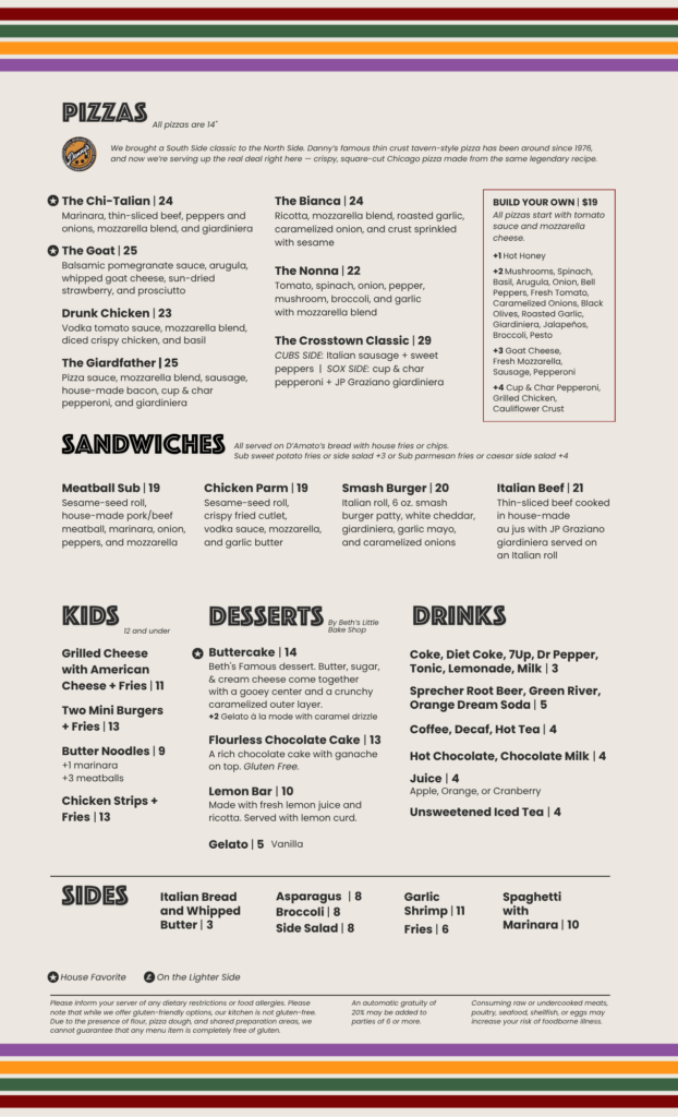 Dinner menu at The Spot Evanston Pizza Pasta Entrees