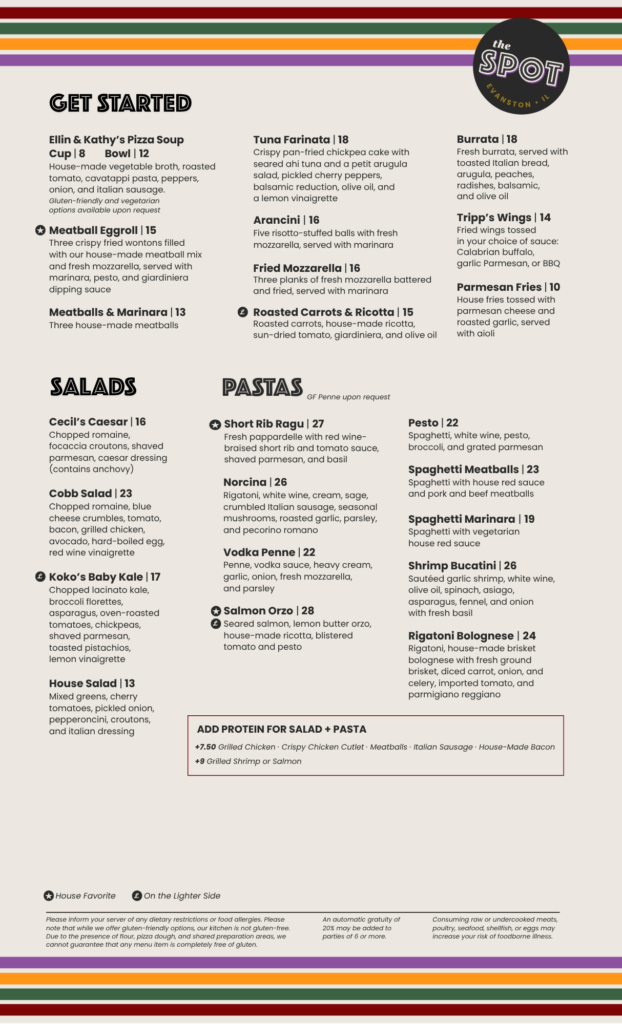 Dinner menu at The Spot Evanston Appetizers Wings Desserts Salads
